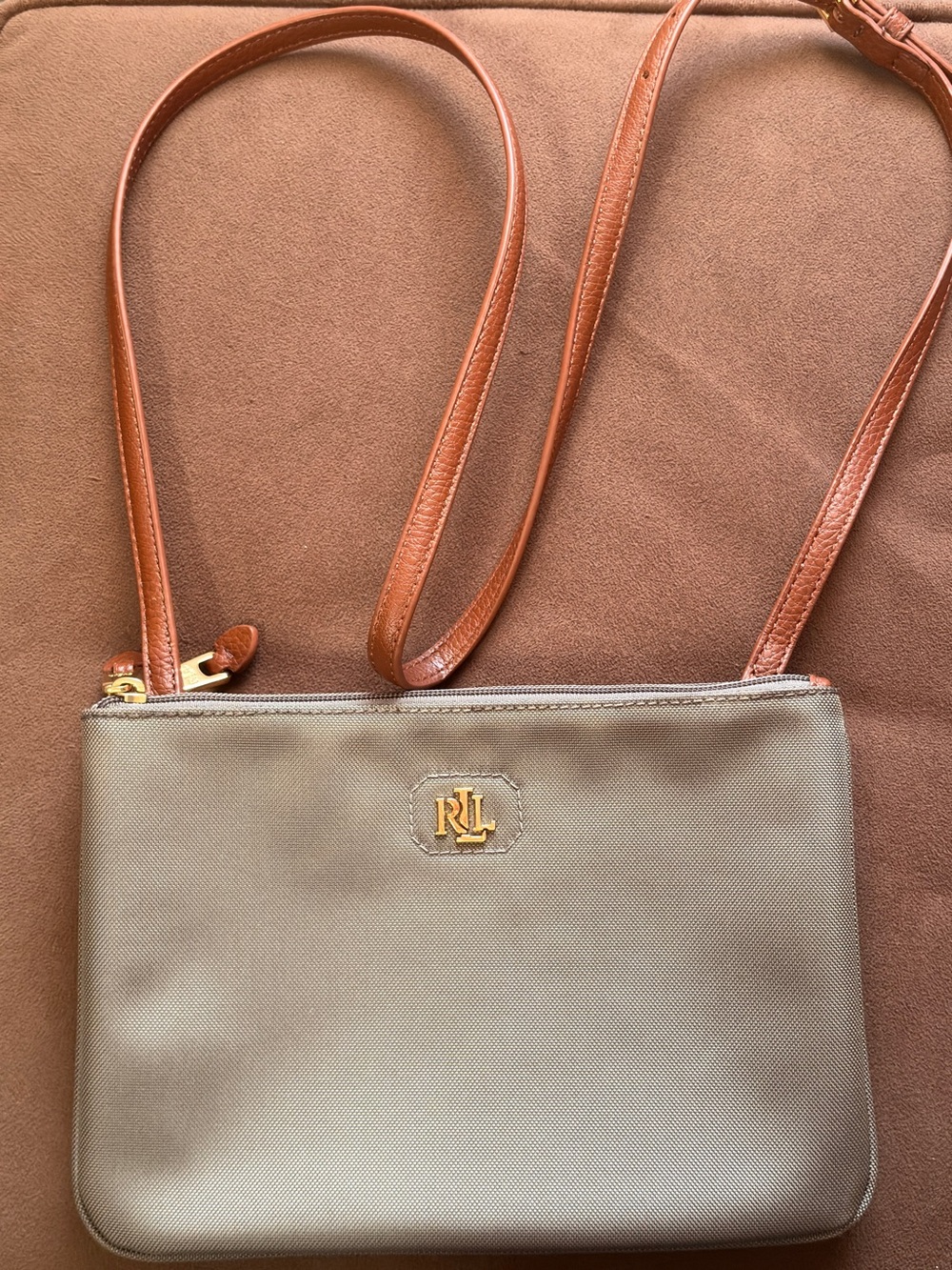 RALPH LAUREN RL 
Logo Taupe Crossbody Bag with Brown Straps